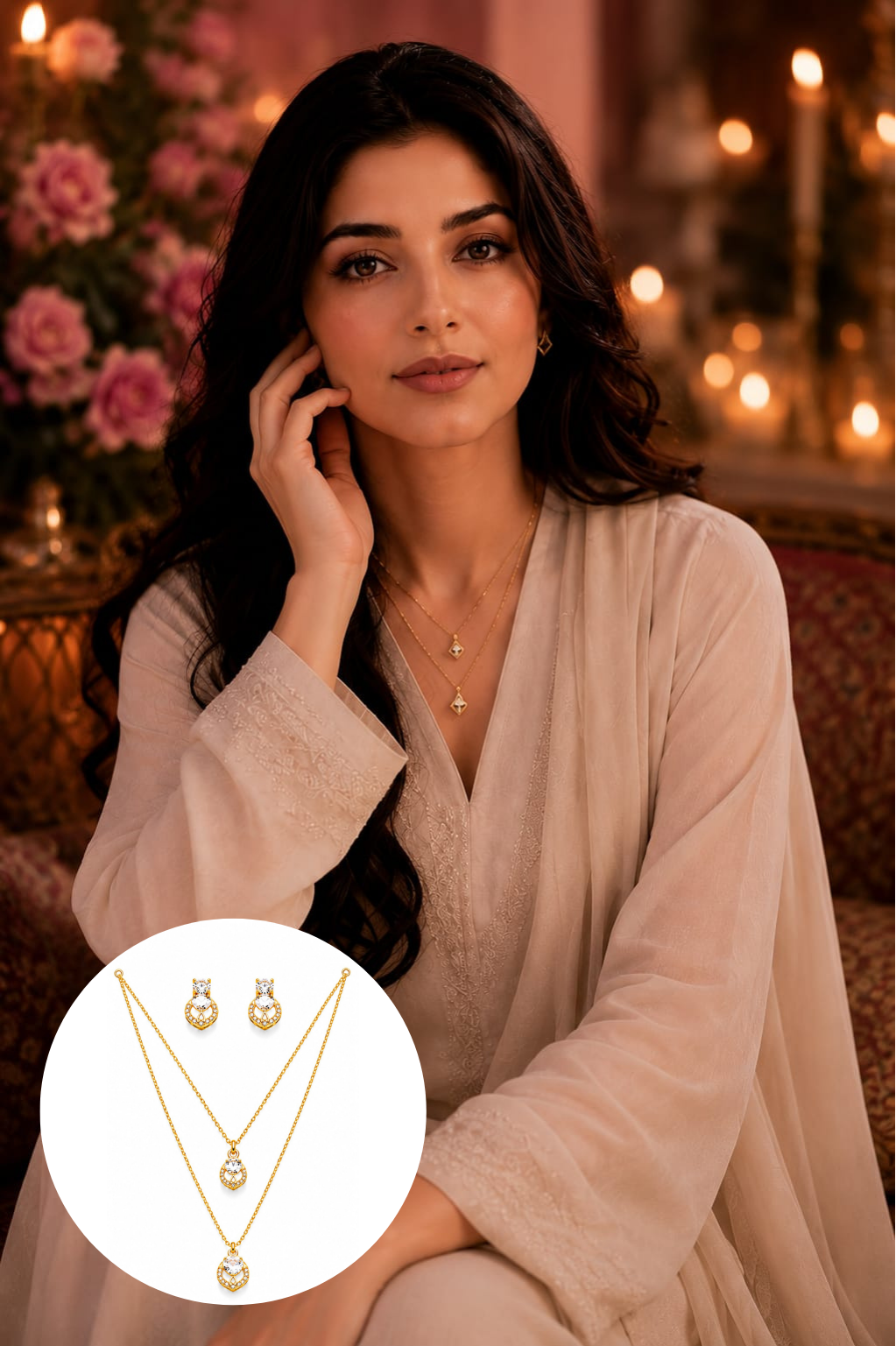 Laila Golden Leaf Set – Double Layer Necklace & Stud Combo