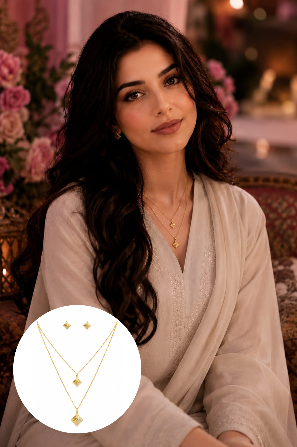 Laila Twin Heart Set – Double Layer Gold Necklace & Stud Combo
