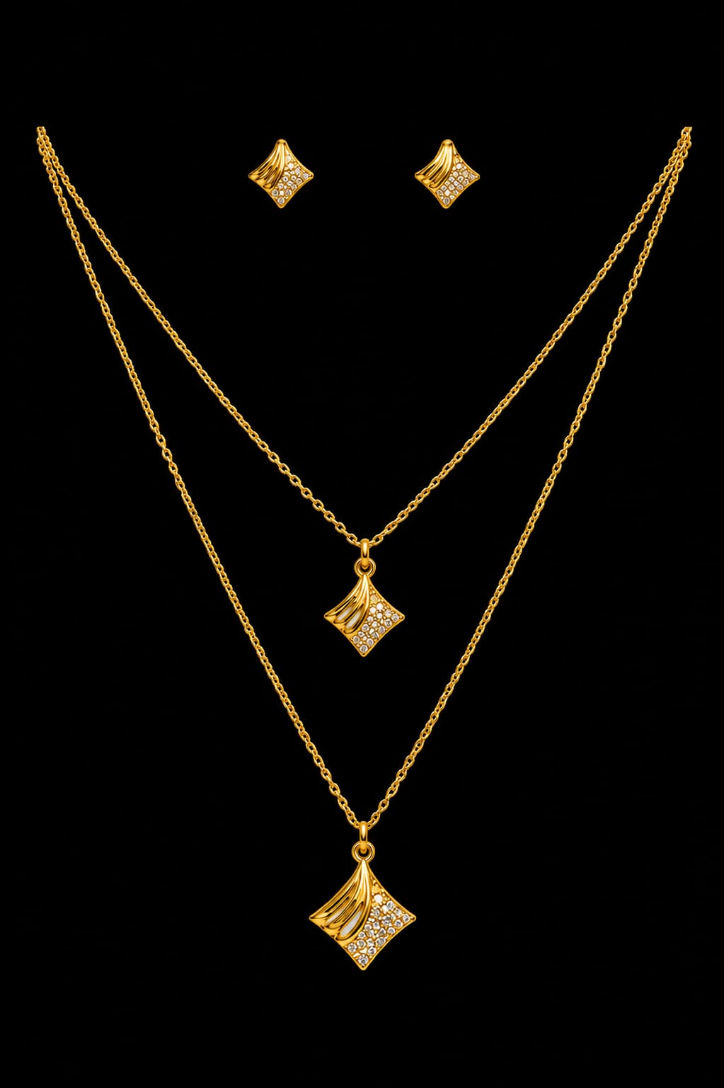 Laila Twin Heart Set – Double Layer Gold Necklace & Stud Combo